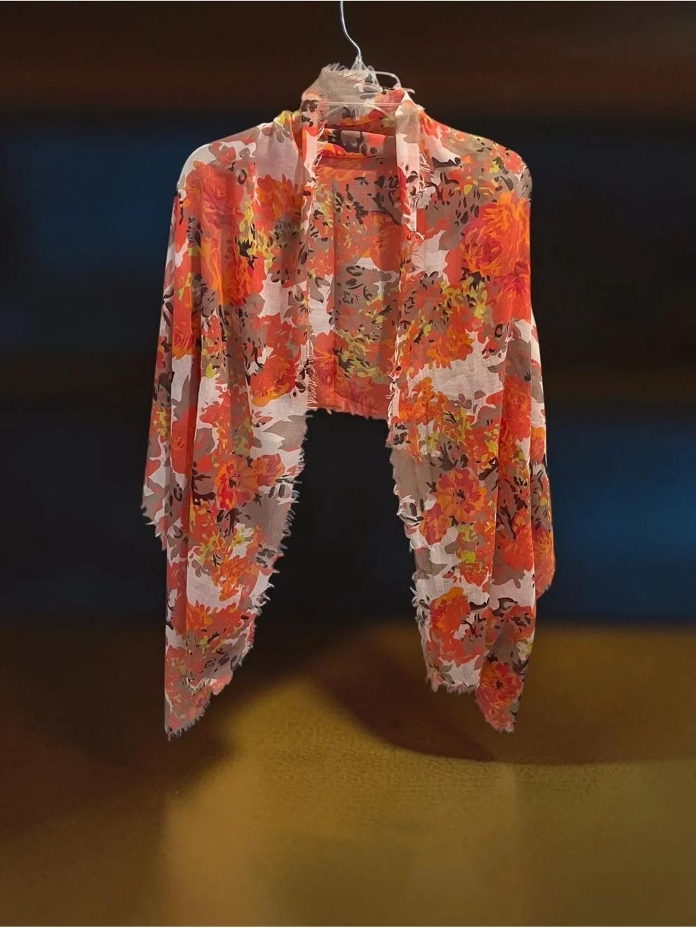 Orange Coral Floral Cotton Gauze Lightweight Summer Scarf Frayed Edge Wrap